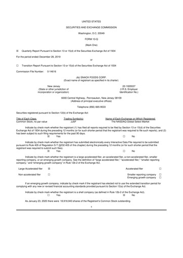 Thumbnail J&J Snack Foods
 10-Q Quarterly Report FY2020 