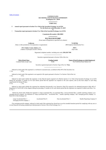 Thumbnail Plumas Bancorp 10-K Annual Report 2019