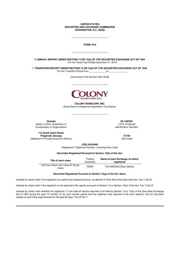 Thumbnail Colony Bankcorp 10-K Annual Report 2019