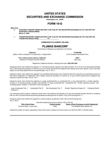 Miniature Plumas Bancorp 10-Q Rapport trimestriel 2020 