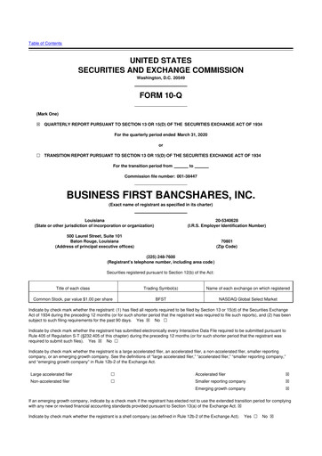 Miniature Business First Bancshares 10-Q Rapport trimestriel 2020 