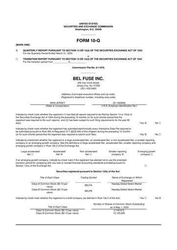 Miniature Bel Fuse 10-Q Rapport trimestriel 2020 
