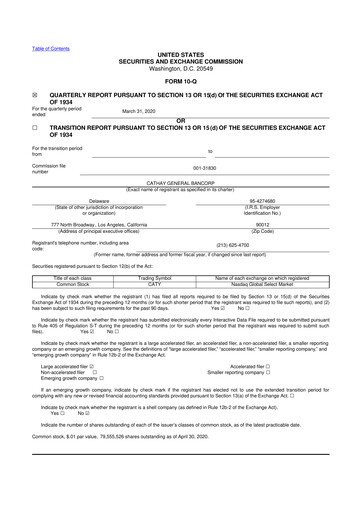 Thumbnail Cathay General Bancorp 10-Q Quarterly Report FY 