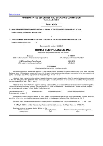 Vorschaubild Ormat Technologies
 10-Q Quartalsbericht 2020 