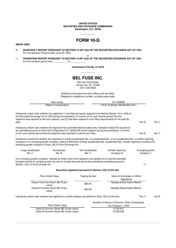 Miniature Bel Fuse 10-Q Rapport trimestriel 2020 