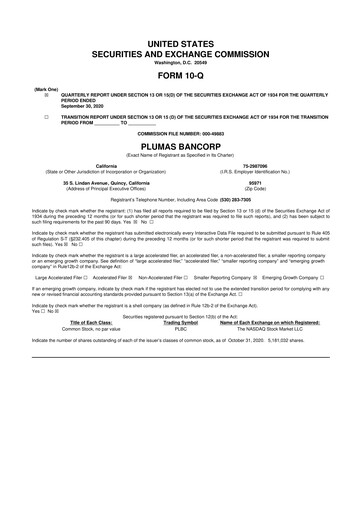 Miniature Plumas Bancorp 10-Q Rapport trimestriel 2020 