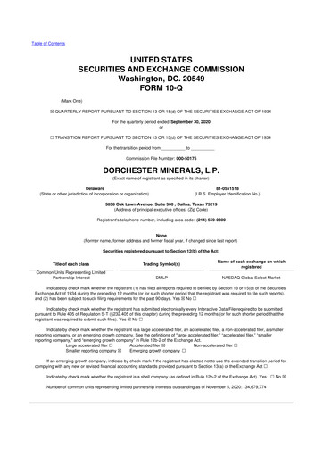 Miniature Dorchester Minerals 10-Q Rapport trimestriel 2020 