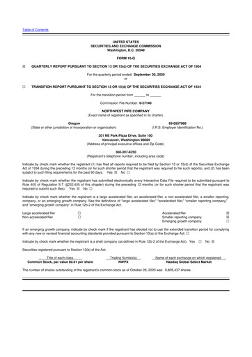 Miniature Northwest Pipe Company
 10-Q Rapport trimestriel 2020 