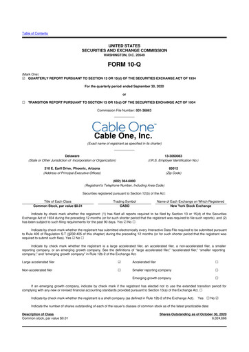 Thumbnail Cable One 10-Q Quarterly Report FY2020 