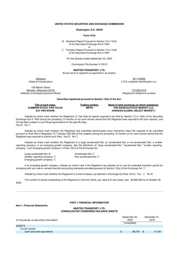 Thumbnail Marten Transport 10-Q Quarterly Report FY2020 