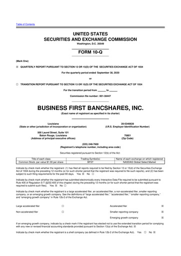 Miniature Business First Bancshares 10-Q Rapport trimestriel 2020 