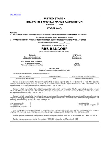 Thumbnail RBB Bancorp 10-Q Quarterly Report FY2020 