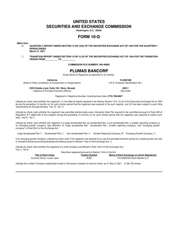 Miniature Plumas Bancorp 10-Q Rapport trimestriel 2021 