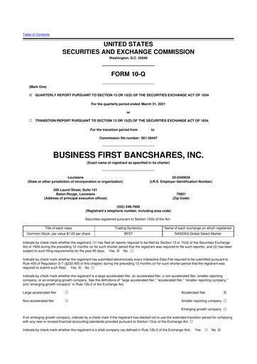 Miniature Business First Bancshares 10-Q Rapport trimestriel 2021 
