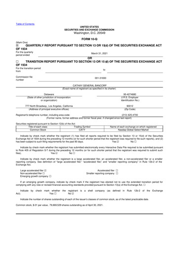Thumbnail Cathay General Bancorp 10-Q Quarterly Report FY 