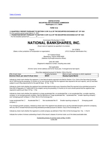 Thumbnail National Bankshares 10-Q Quarterly Report FY 