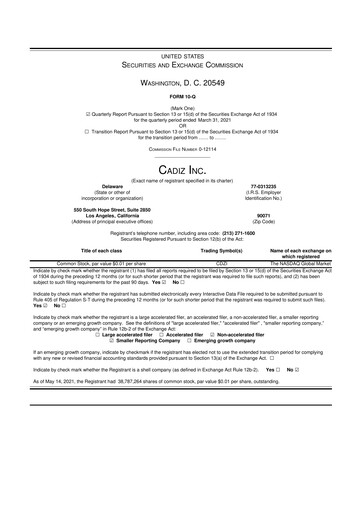 Thumbnail Cadiz Inc. 10-Q Quarterly Report FY2021 