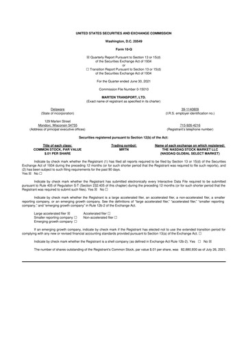 Thumbnail Marten Transport 10-Q Quarterly Report FY2021 