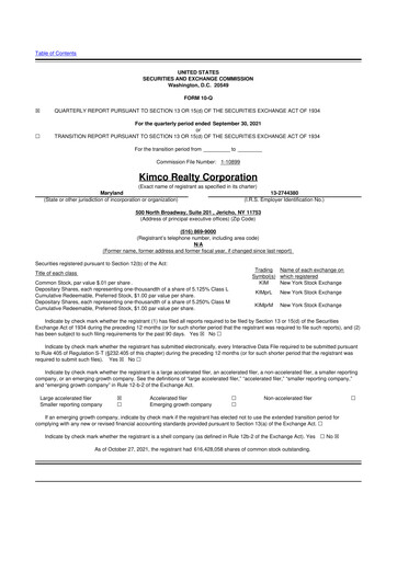 Thumbnail Kimco Realty
 10-Q Quarterly Report FY2021 