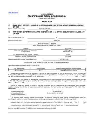 Thumbnail Cathay General Bancorp 10-Q Quarterly Report FY 