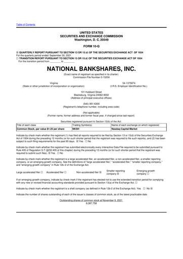 Thumbnail National Bankshares 10-Q Quarterly Report FY 