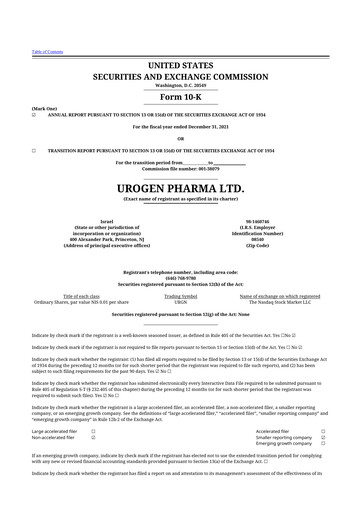 Thumbnail UroGen Pharma 10-K Annual Report 2021