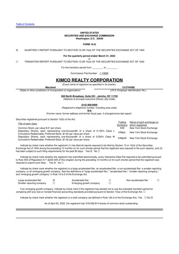 Thumbnail Kimco Realty
 10-Q Quarterly Report FY2022 