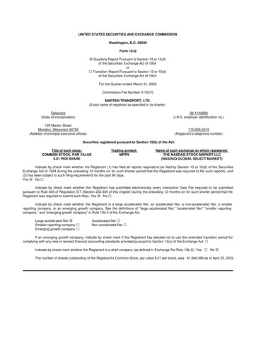 Thumbnail Marten Transport 10-Q Quarterly Report FY2022 