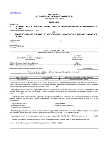 Thumbnail Cathay General Bancorp 10-Q Quarterly Report FY 