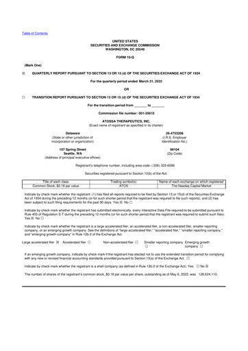 Miniature Atossa Therapeutics 10-Q Rapport trimestriel  