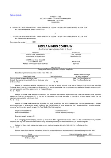 Thumbnail Hecla Mining
 10-Q Quarterly Report FY2022 