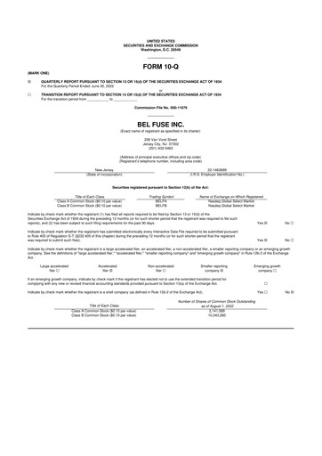 Miniature Bel Fuse 10-Q Rapport trimestriel 2022 