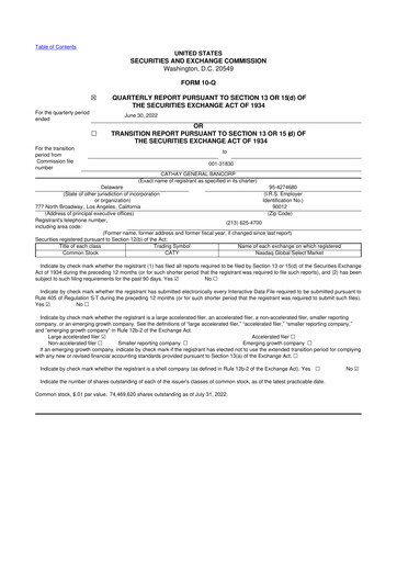 Thumbnail Cathay General Bancorp 10-Q Quarterly Report FY 
