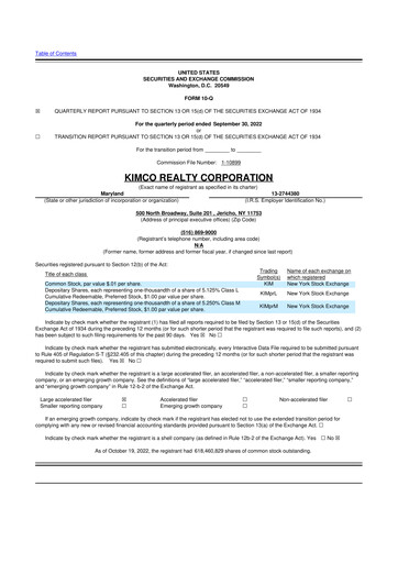Thumbnail Kimco Realty
 10-Q Quarterly Report FY2022 