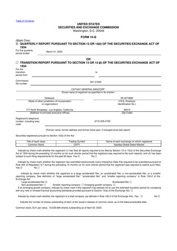 Thumbnail Cathay General Bancorp 10-Q Quarterly Report FY 