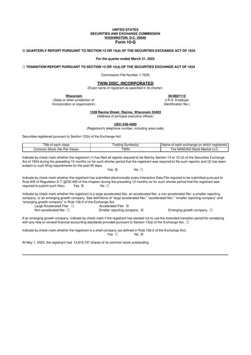 Thumbnail Twin Disc
 10-Q Quarterly Report FY 