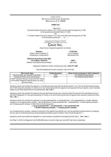 Thumbnail Cadiz Inc. 10-Q Quarterly Report FY2023 