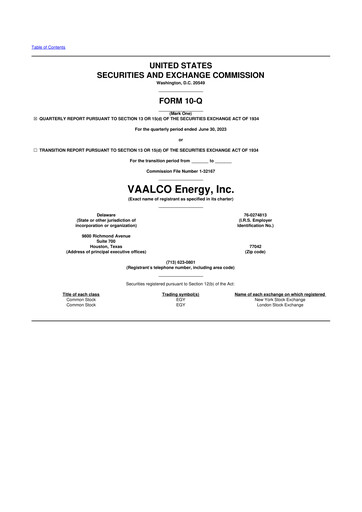 Miniature Vaalco Energy
 10-Q Rapport trimestriel  