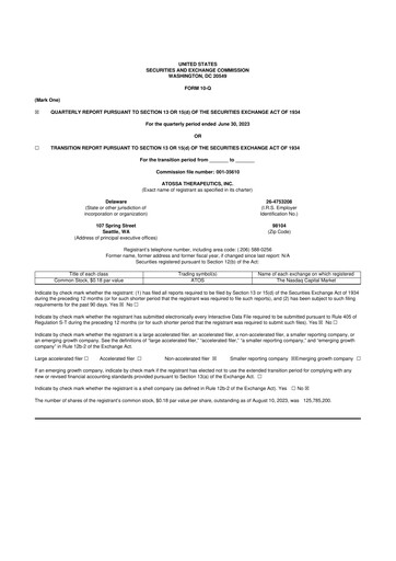 Miniature Atossa Therapeutics 10-Q Rapport trimestriel  
