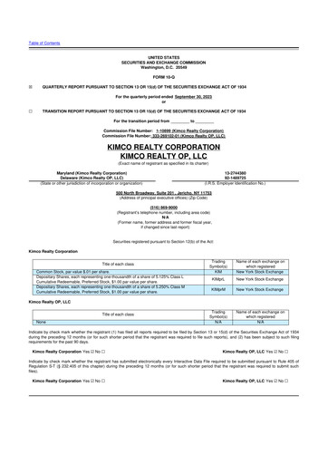Thumbnail Kimco Realty
 10-Q Quarterly Report FY 