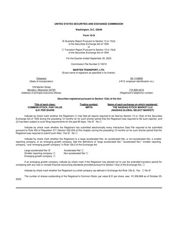 Thumbnail Marten Transport 10-Q Quarterly Report FY2023 