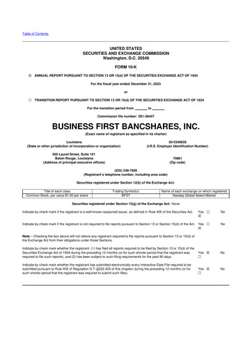 Vorschaubild Business First Bancshares 10-K Jahresbericht 2023