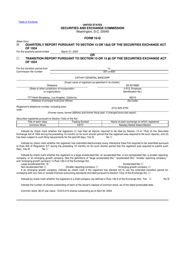 Thumbnail Cathay General Bancorp 10-Q Quarterly Report FY 
