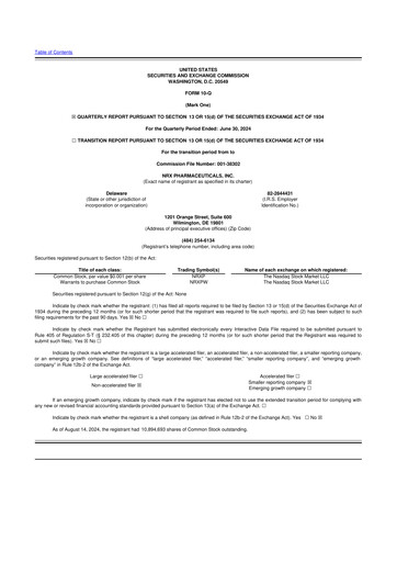 Thumbnail NRx Pharmaceuticals 10-Q Quarterly Report FY2024 