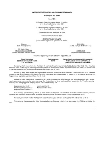 Thumbnail Marten Transport 10-Q Quarterly Report FY2024 