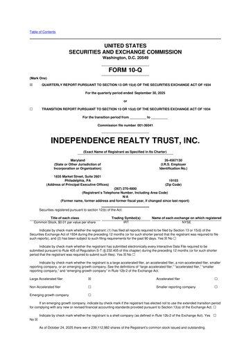 Thumbnail Independence Realty Trust
 10-Q Quarterly Report FY 