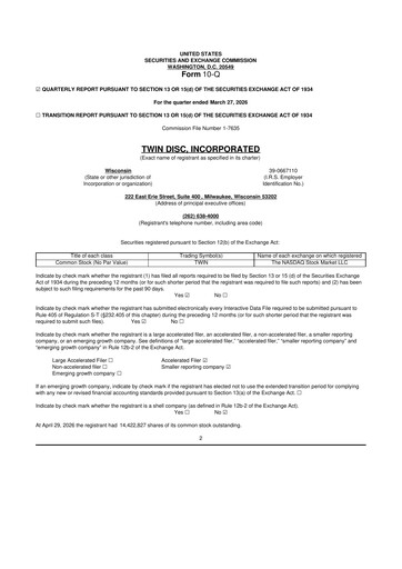 Thumbnail Twin Disc
 10-Q Quarterly Report FY 