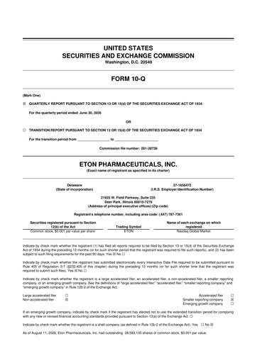 Miniature Eton Pharmaceuticals 10-Q Rapport trimestriel 2026 