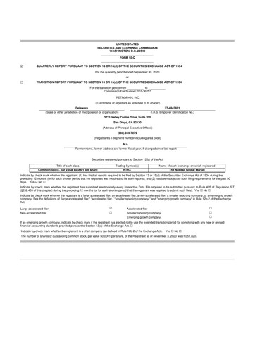 Vorschaubild Travere Therapeutics 10-Q Quartalsbericht 2020 