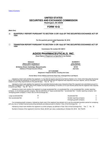 Miniature Agios Pharmaceuticals
 10-Q Rapport trimestriel 2018 